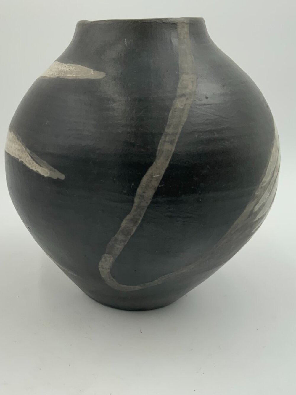 Signed Original Black Stoneware Vase with White Florals - Picture 8 of 9